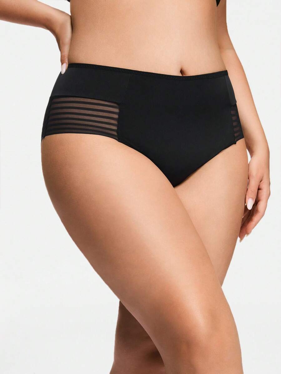 SHAPORA 1pc Black Plus Size Women's Panty With Sheer Line Design - Black - View 1