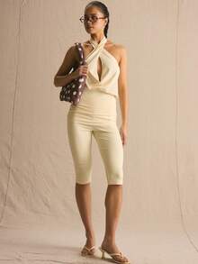 MUSERA Cowl Neck Crossover And Cropped Legging Set Spring Summer Cosy Cute Daily Girly Vacation Sunlight Social - Yellow - View 5