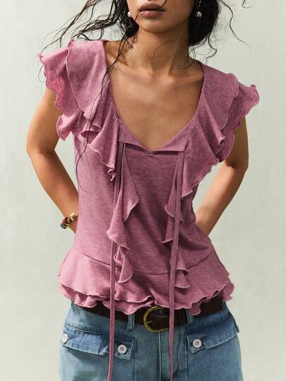 SoleilVie 柔和的灰粉色方领荷叶边下摆衬衫，多层褶皱系带修身休闲上衣，适合约会和工作场合，柔软面料，荷叶边下摆设计，精致的系带设计，多层褶皱灰粉色方领短袖修身衬衫