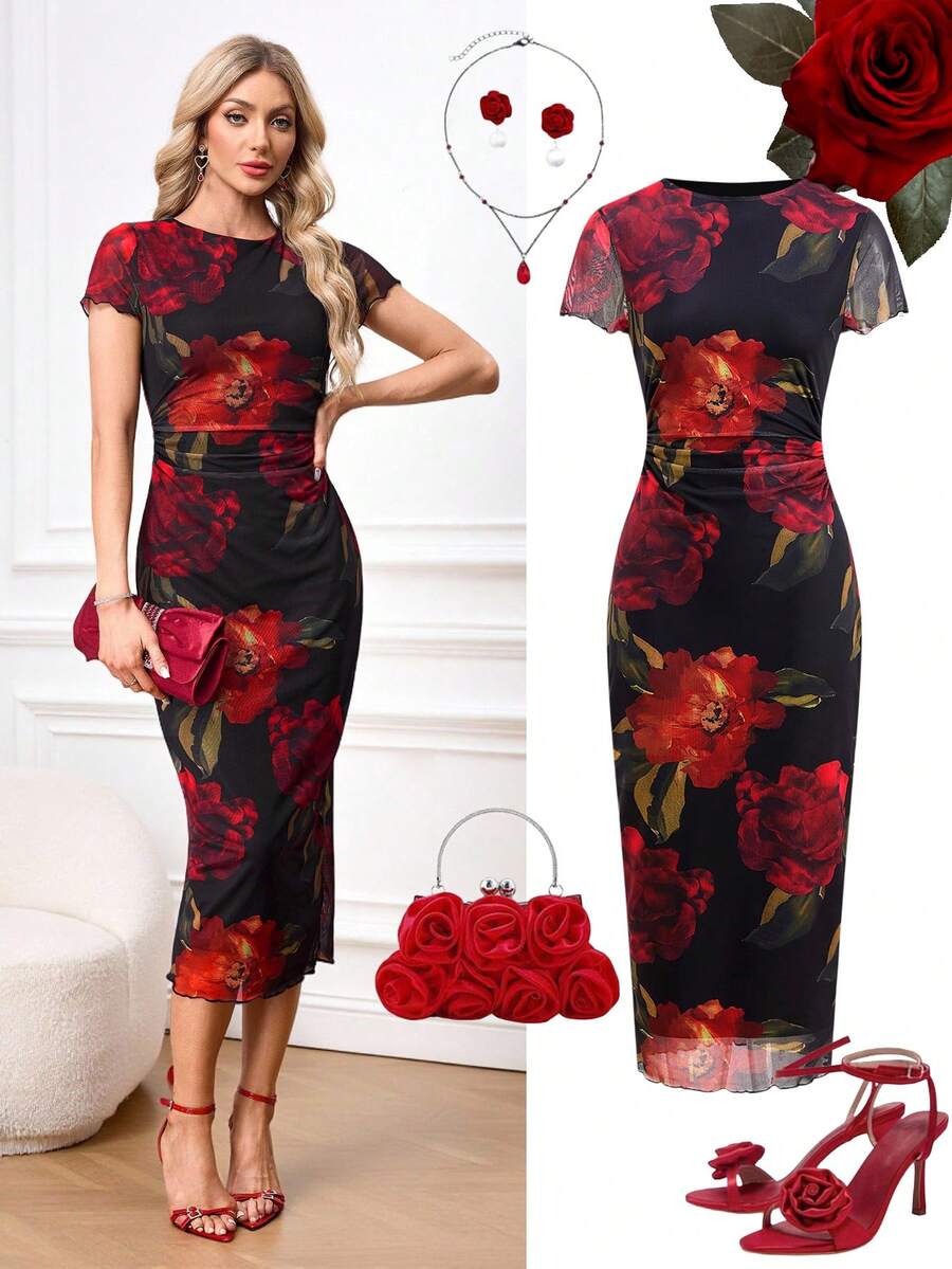 Ellevyn Đầm midi lưới in hoa thanh lịch, lãng mạn dành cho nữ