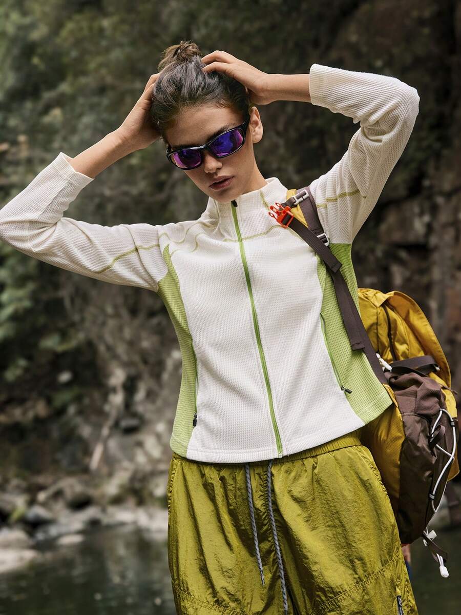 Medorelle 女士户外撞色拼接长袖休闲常规外套 - 白色 - 查看 1