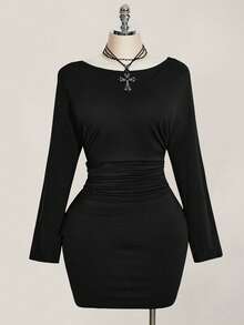 SHEIN ICON Đầm dự tiệc cocktail thanh lịch, màu trơn, xếp ly, hở lưng dành cho nữ cỡ lớn, thắt eo. - màu đen - Xem 12