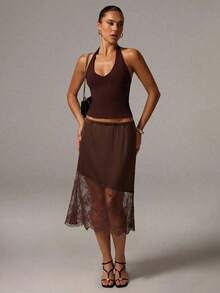 Avenya Brown Satin Low-Waist Lace Patchwork Skirt - Brown - View 5