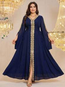 Reflora 大码女式贴花装饰开衩袖优雅连衣裙 - 藍色 - 查看 13