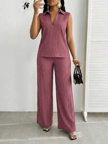 SHEIN Lady Women's Casual Solid Color Camisole And Pants 2 Pieces Set, Summer - Burgundy - View 1