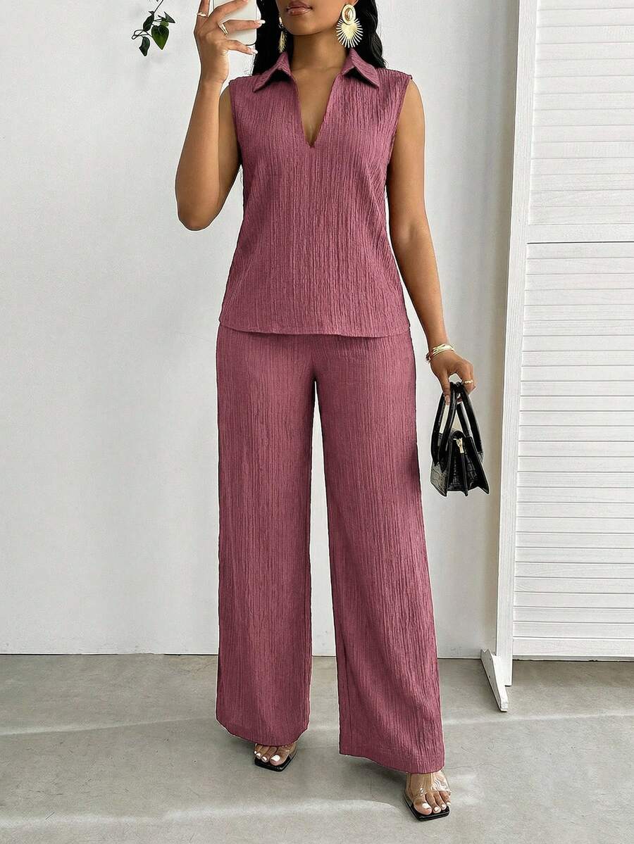 SHEIN Lady Women's Casual Solid Color Camisole And Pants 2 Pieces Set, Summer - Burgundy - View 1