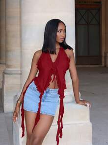 Mima John Summer Romantic Ruffle Edge Ribbon And 3D Flower Tie Neck Summer Women Tops Concert Sexy Burgundy - Burgundy - View 5