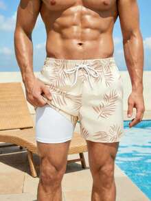 ZELFYO Men's Leaf Print Slant Pocket Drawstring Waist Casual Vacation Beach Shorts - Apricot - View 1