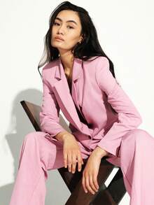 KSTM Boxy Fit Women's Double Breasted Blazer With Notched Lapel And Button Detail For Professional Office Work Business Meeting Spring Fall Winter Fashion - Lilac Purple - View 7