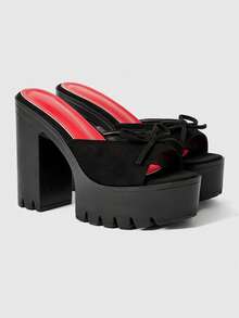 ROMWE Giày sandal cao gót hở mũi thời trang nữ, kiểu punk gothic thanh lịch với nơ đen và đỏ gợi cảm, thiết kế dải đệm chân, đế dày, gót dày, thích hợp cho mùa xuân hè, tiệc tùng, lễ hội. - màu đen - Xem 1