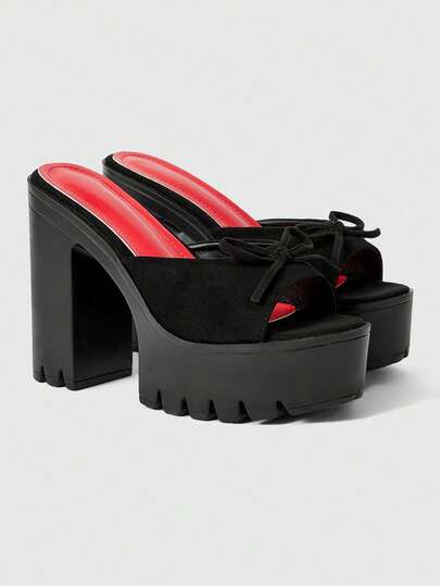 ROMWE Women's Fashionable Slip-On Open-Toe High-Heeled Sandals, Featuring A Punk/Gothic Style With Elegant Bow Detail, Sexy Black And Red Insole, Single Strap Design, Thick Platform, And Chunky Heel. Perfect For Spring And Summer, Nightclubs, Parties, And Festivals.