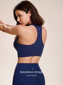 GLOWMODE DD+ FeatherFit™ Non-Stop Glow Stretch & Shine Buttery-Soft Stretchy Gathered Front Removable Cups Cropped Tank Top Low Impact Yoga Studio Pilates Daily Active Wear - Dark Blue - View 3