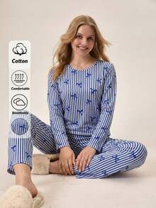 Loomlin Women Cotton 2 Pcs Striped&Bot Pattern Homewear Cute Pajama Set - Blue - View 1