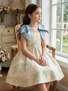 SHEIN Ärmlös klänning med blommig jacquard och rosett på axlarna för ung flicka - Rosa - Visa 4