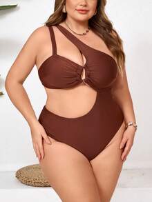 SHEIN CURVE+ Maiô de uma peça com decoração dourada em tecido na cor camelo para mulheres plus size, para praia - Caramelo - Visão 3