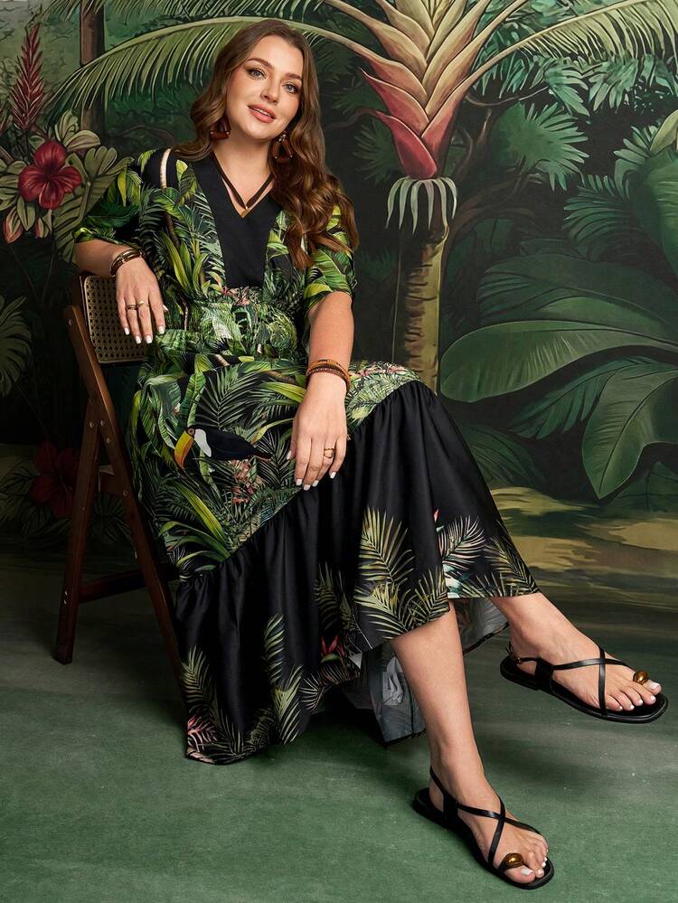 Plus Size Women Tropical Plant Print V-Neck Short Sleeve Casual Dress Summer Outfits Beach Vacation Outfits For Women Floral Dress BOHO Clothes Reflora Plus Size Elegant Dress Plus Size Spring Dress Plus Size Vacation Casual Dress Women's Plus Size Dresses Plus Size Women's Summer Outfits Summer Outfits For Women Beach Outfit For Women Casual Vacation Outfits Women Country Concert Outfit Peplum
