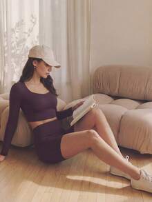 Anewsta 性感露背长袖瑜伽连体裤，胸部支撑设计，户外运动休闲上衣 - 淺灰紫 - 查看 7