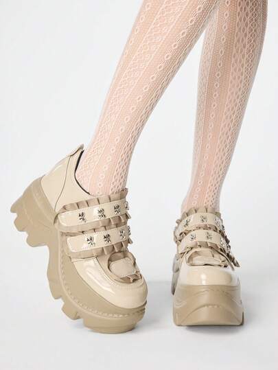 ROMWE Grunge Punk 女士 Y2K 朋克摇滚系带链条哥特鞋，黑色乐福鞋，系带玛丽珍平底鞋，正式工作鞋，圣诞节厚底坡跟鞋