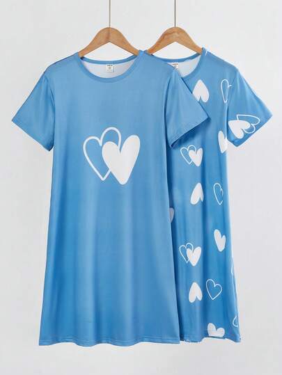 Girls Cute Sheep Pattern Comfortable 2 Pieces Round Neck Short Sleeve Long Nightgown Loungewear Girls Blue Dress For Tween Pajamas Dress Sleep Wear Kids Girls Dress