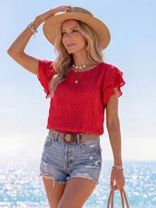 Sylviya Solid Butterfly Sleeve Blouse,Short Sleeve Tops,Casual - Red - View 4