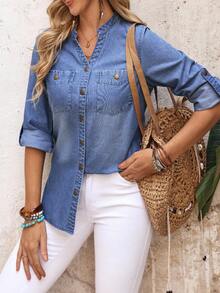 EMERY ROSE Women's Cuffed Sleeve Single-Breasted V-Neck Casual Pocket Denim Shirt - Blue - View 6