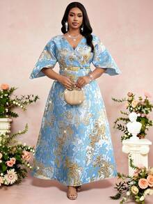 SHEIN Lady Đầm Jacquard thanh lịch cỡ lớn dành cho tiệc tùng - Màu xanh lam - Xem 6