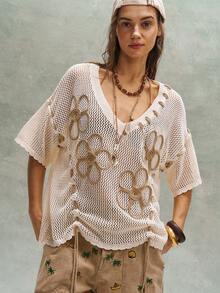 Bohemela 波西米亚风春夏复古女式度假沙滩3D立体镂空花卉刺绣针织上衣，休闲度假风，西部乡村风格，适合海滩度假、日常穿着、返校季、外出和派对，2000年代Y2K风格，夏季假日 - 杏色 - 查看 4