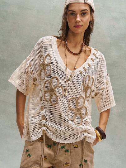 Bohemela Boho Spring/Summer Outfits, Vintage Women's Vacation Beach 3D Floral Hollow , Floral Embroidery Pattern  Knit Top, Casual Vacation, Western Country Style Concert Party Outfits, Suitable For Beach Vacation Outfit & Daily Wear & Back To School & Going Out Outfits & Party Outfits, 2000s Outfits, Y2k Clothes, Summer Holiday Outfits