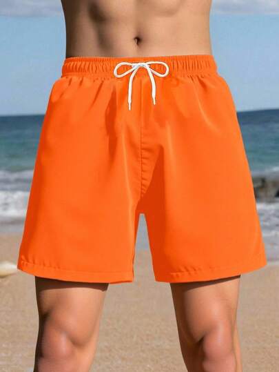 SHEIN Teen Boys Swimwear Casual Vacation Woven Orange Beach Pants With Drawstring And Adjustable Elastic Waistband, Suitable For Summer And Vacation