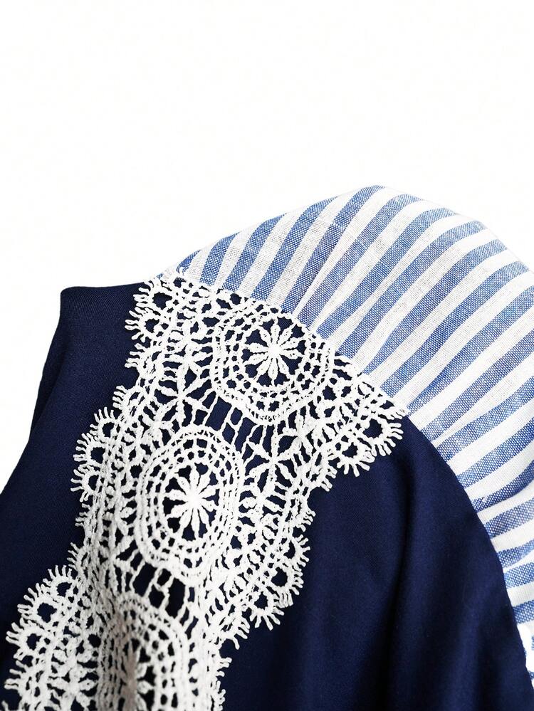 Plus Size Women's Summer Casual Vacation Country  Lace Patchwork Blue And White  Striped Colorblock Sleeveless Dress,Summer\Vacation,Summer Holiday,Spring Break Outfits ,Vacation Outfits Women ,Holiday Outfits For Women,Going Out Outfits,2026 New Clothes,Simple And Fashionable For Everyday Wear,Suitable For Summer, Vacation, Daily Wear,Suitable For Summer, Vacation, Daily Wear,Dresses For Women,Flowy Dress ,Beach Outfits For Women,Casual Vacation Boho Dress
