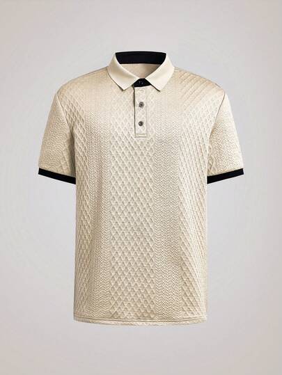 Officeau 男士休闲度假风，这款灵感源自INS的几何菱形提花针织短袖Polo衫，是音乐节和夏威夷海滩度假的理想之选。