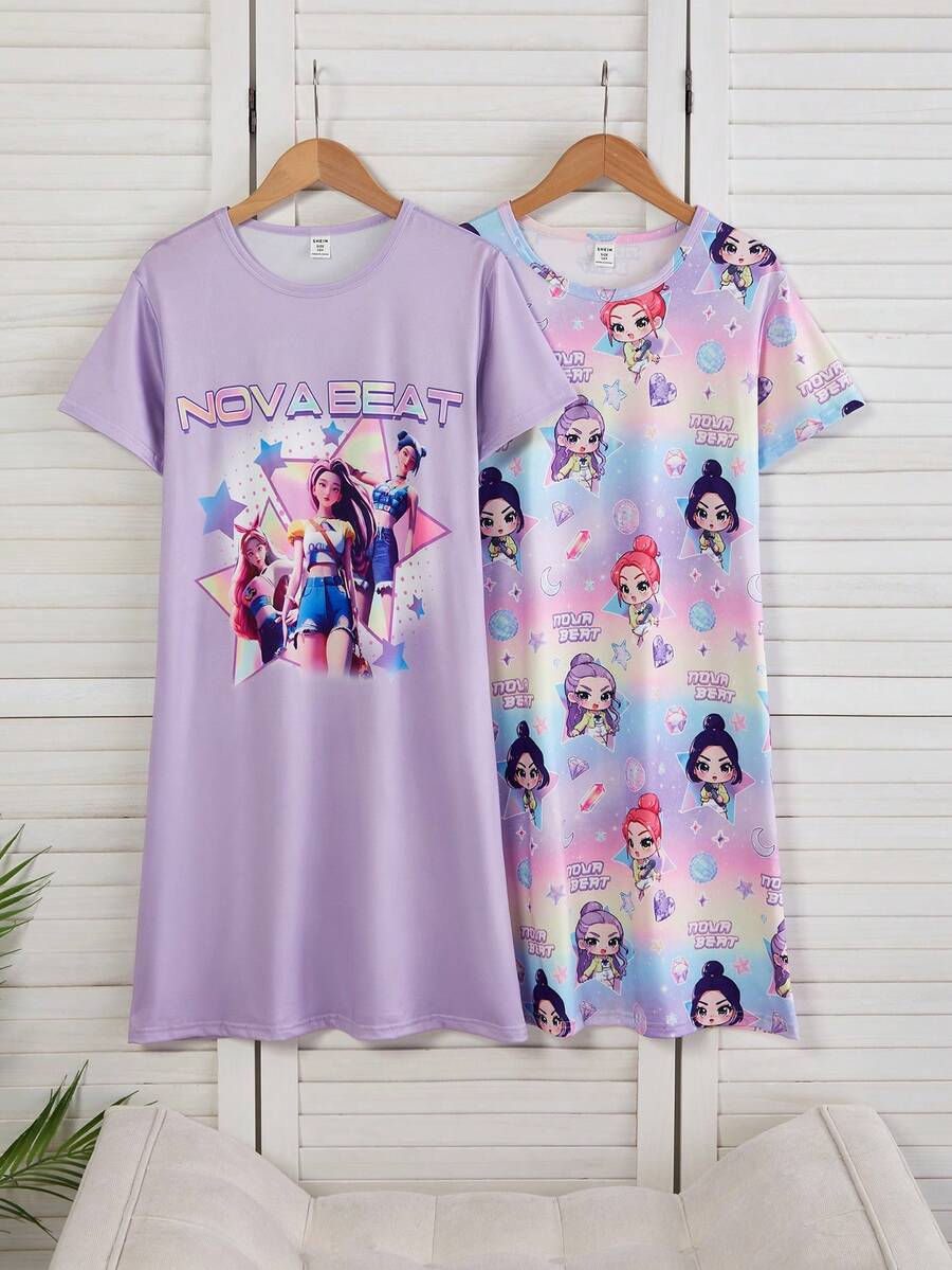 Girls Cute Sheep Pattern Comfortable 2 Pieces Round Neck Short Sleeve Long Nightgown Loungewear Character Shirts Girls - Purple - View 1