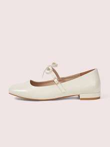 CUCCOO DOLLMOD Women's Beige Square Toe Bow Mary Jane Ankle Strap Flats Cute Commute Preppy Style Leather Buckle Shoes - Beige - View 2