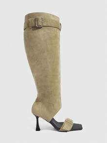 Daringsoles Women Shoes Spring And Autumn Explosion Open-Toe One-Word Buckle Square Head Thin High Heel Pull Wind Khaki Brown Beautiful Boots Outside Wear - Khaki - View 2