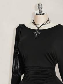 SHEIN ICON Đầm dự tiệc cocktail thanh lịch, màu trơn, xếp ly, hở lưng dành cho nữ cỡ lớn, thắt eo. - màu đen - Xem 7