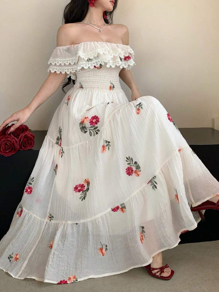 French Design Niche High-End Ditsy Floral Short Sleeve Cinched Waist Floral Dress Maxi Dress Sundress Off The Shoulder