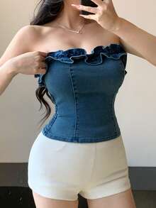 DAZY Áo ống denim nữ kiểu dáng thường ngày với viền bèo nhún, thích hợp cho mùa hè. - Màu xanh lam - Xem 6