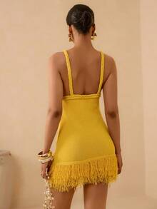 Vesra Đầm dệt kim dự tiệc thanh lịch, màu trơn, thiết kế tua rua dành cho nữ, kiểu dáng thắt eo. - Màu vàng - Xem 2