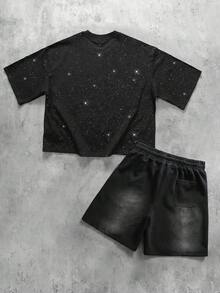 ROMWE MEN Men's Sparkling Diamond Loose T-Shirt Set, Spring/Summer - Black - View 3