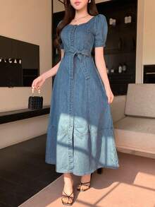 DAZY Women's Casual Washed Square Collar Belted Petal Sleeve Denim Dress, Summer - Blue - View 4