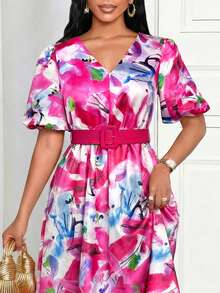 SHEIN Lady 女士V领短花瓣袖优雅中长印花连衣裙 - 粉色 - 查看 6