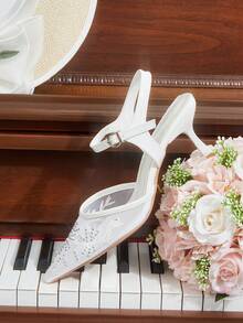 CUCCOO HITCHD Women's Spring/Summer New Pointed Toe White Mesh Rhinestone Ankle Strap Stiletto Heel Fashionable Versatile Sexy High Heel Sandals - White - View 6