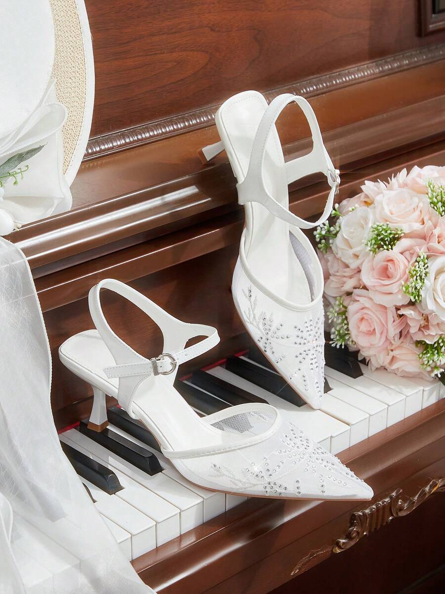 CUCCOO HITCHD Women's Spring/Summer New Pointed Toe White Mesh Rhinestone Ankle Strap Stiletto Heel Fashionable Versatile Sexy High Heel Sandals - White - View 1
