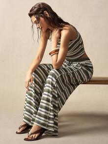 Bohemela 两件套 女士休闲条纹针织修身背心和阔腿宽松腰裤 - 綠色 - 查看 4