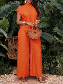 SHEIN Lady 大码两件套 - 橙色纯色休闲上衣和阔腿裤夏季套装 女士夏季橙色套装 女士圣诞节服装 女士休闲连衣裙 时尚服装系列 沙滩套装 橙色套装 橙色套装 女士夏季套装 夏季度假服装 春夏套装 - 橘色 - 查看 8