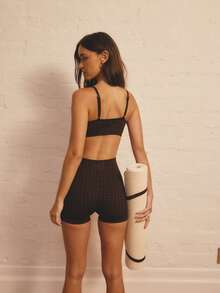 Aralina 两件套休闲服无缝图案嵌花运动春夏度假沙滩包边细节露脐绑带骑行短裤两件套巧克力色 - 彩色 - 查看 2