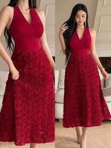 Feyla Vestido midi sin mangas de unicolor elegante con flores 3D para mujer - Rojo - Ver 8