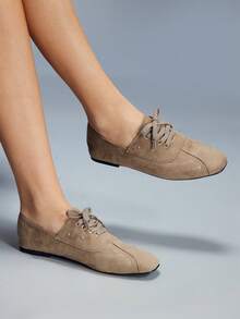 CUCCOO GRLICON 女士方头系带休闲平底乐福鞋 - 卡其色 - 查看 6