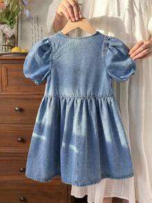 LMoss Kids 女童蓝色牛仔泡泡袖蝴蝶结连衣裙 - 淺色水洗藍 - 查看 12