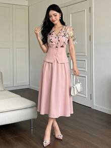 DAZY 女款優雅刺繡花卉拼接襯衫與裙子兩件套，春夏婚禮賓客女裙 - 粉色 - 查看 5